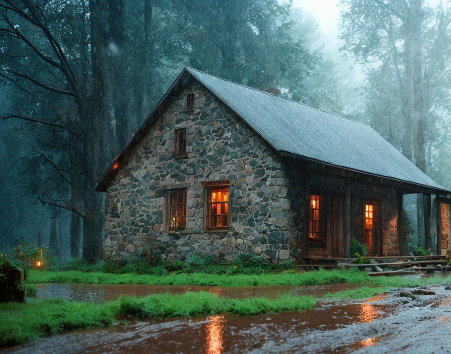 Stone cottage with glowing windows in rain-drenched forest twilight