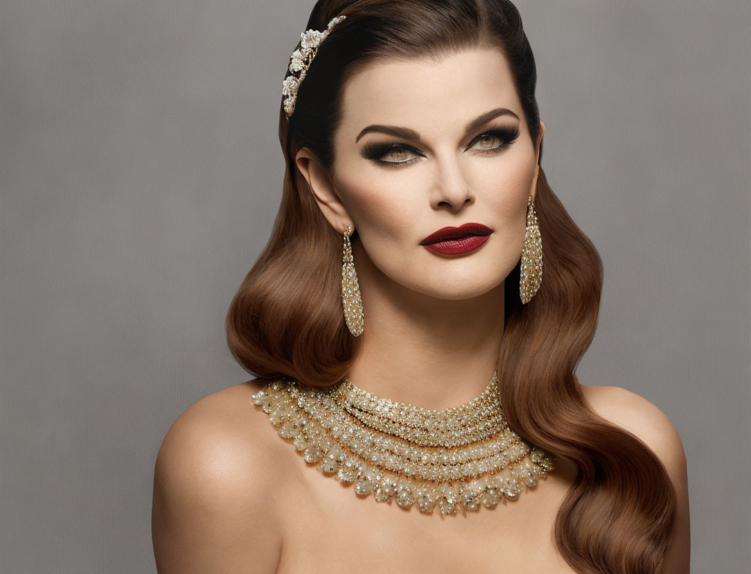 Stylish woman with red lipstick and pearl necklace on grey background