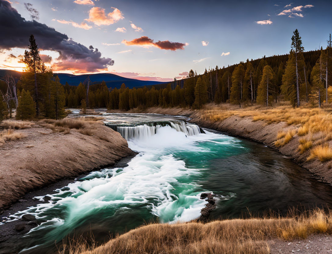 Sunset landscape: Cascading waterfall in forest with vibrant orange light