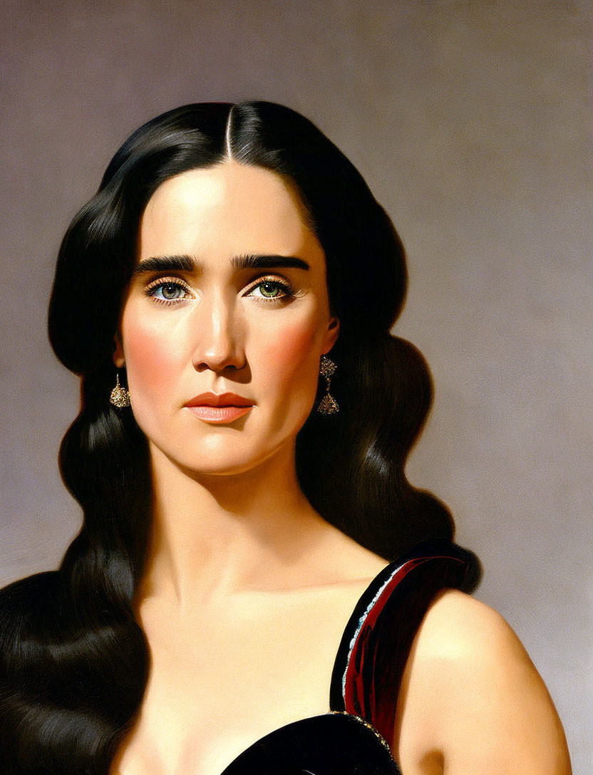 Portrait of woman with long dark hair, green eyes, pale skin, black dress & red strap