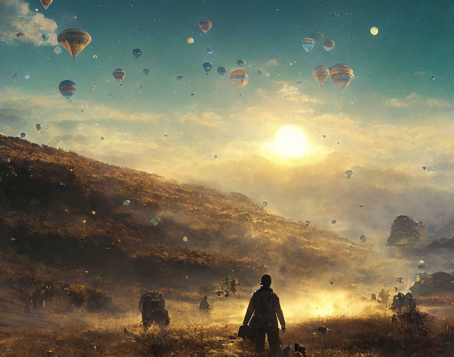 Person walking on dusty terrain towards sunset with hot air balloons in hazy sky