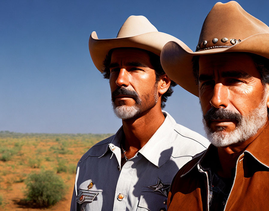 Two men with mustaches in cowboy hats and sheriff badges under clear blue sky.