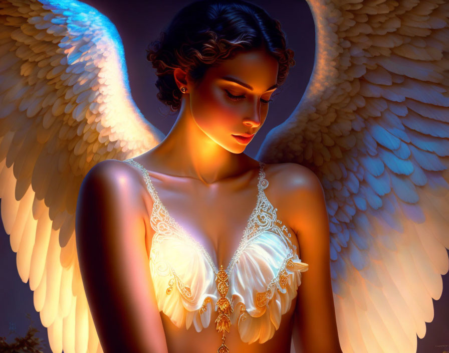 Digital artwork: Female figure with glowing angel wings in dark, warm setting