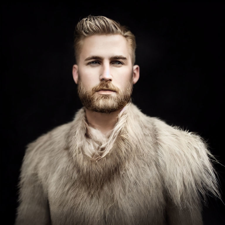 Styled bearded man with fur collar on dark background