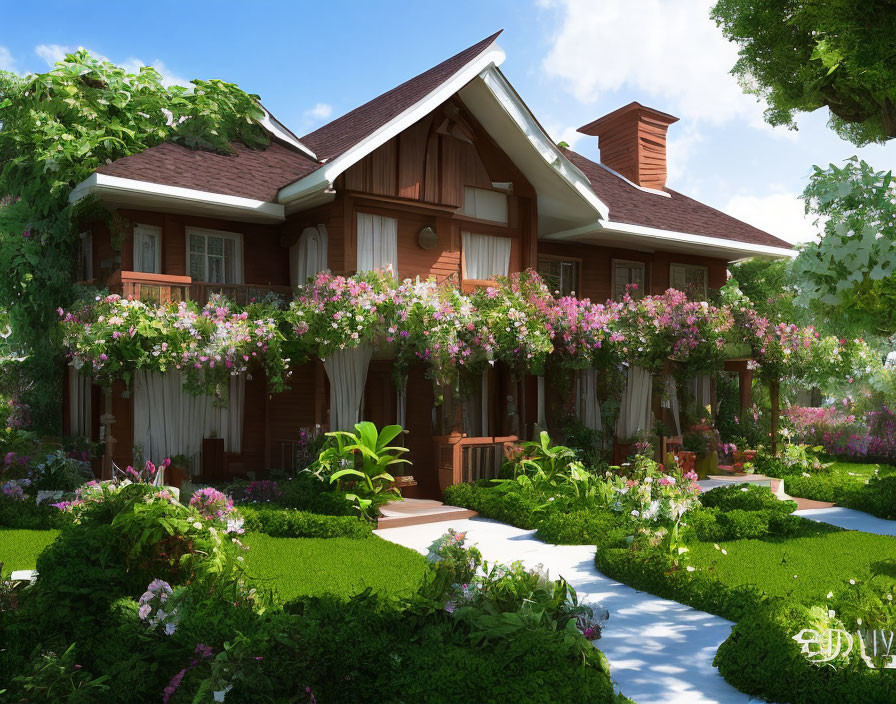 Charming two-story house with red roof in lush garden