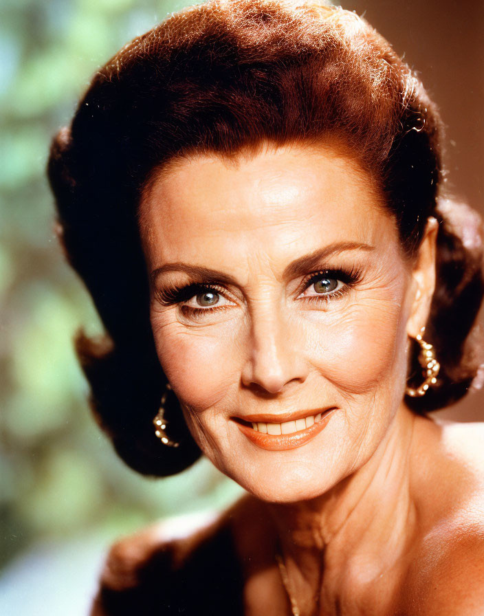 Smiling woman portrait with auburn hair and blue eyes