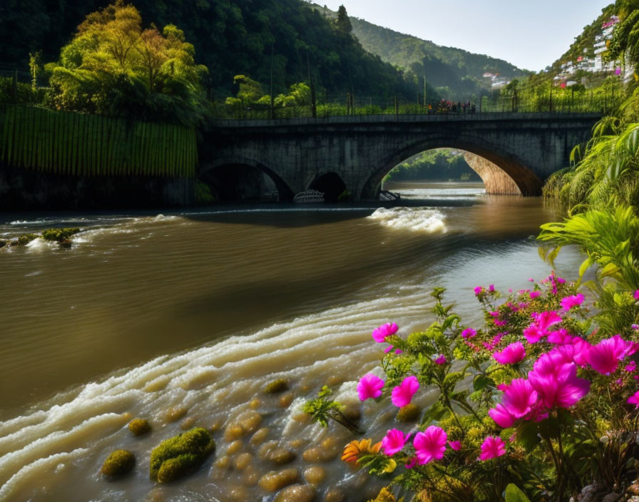 Tranquil river under stone bridge with pink flowers and green foliage