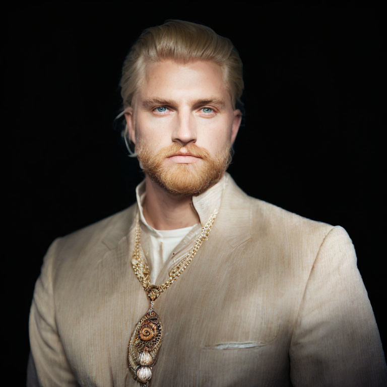 Blonde Man with Beard in Cream Suit and Gold Necklace Portrait