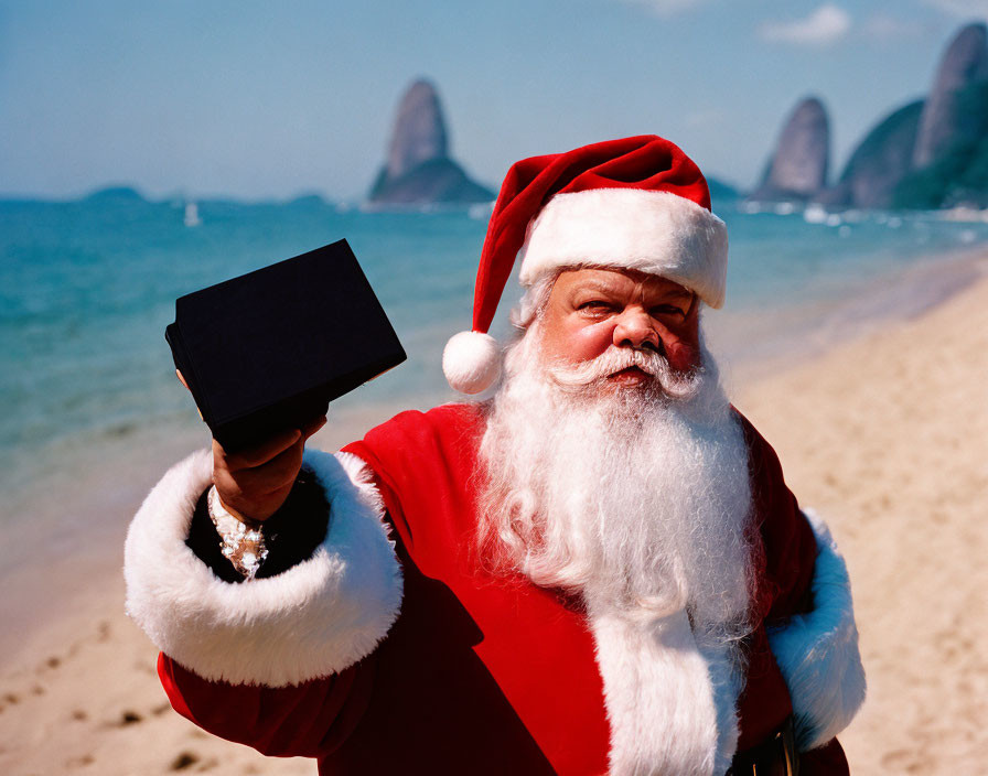 Santa Claus with electronic device on sunny beach with rocky hills