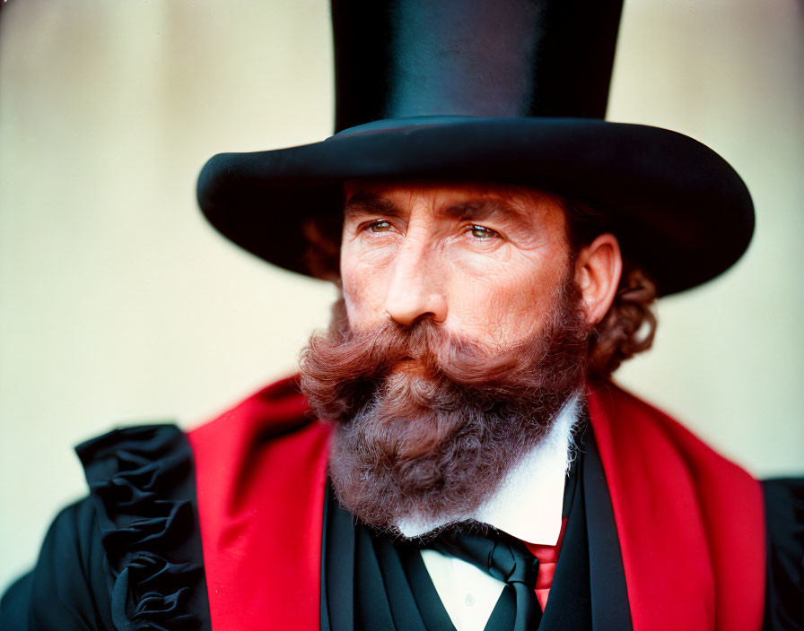 Man with Prominent Mustache in Top Hat & Red Scarf, Black Coat