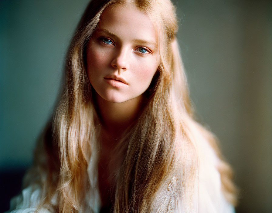 Portrait of young woman with long blonde hair and blue eyes