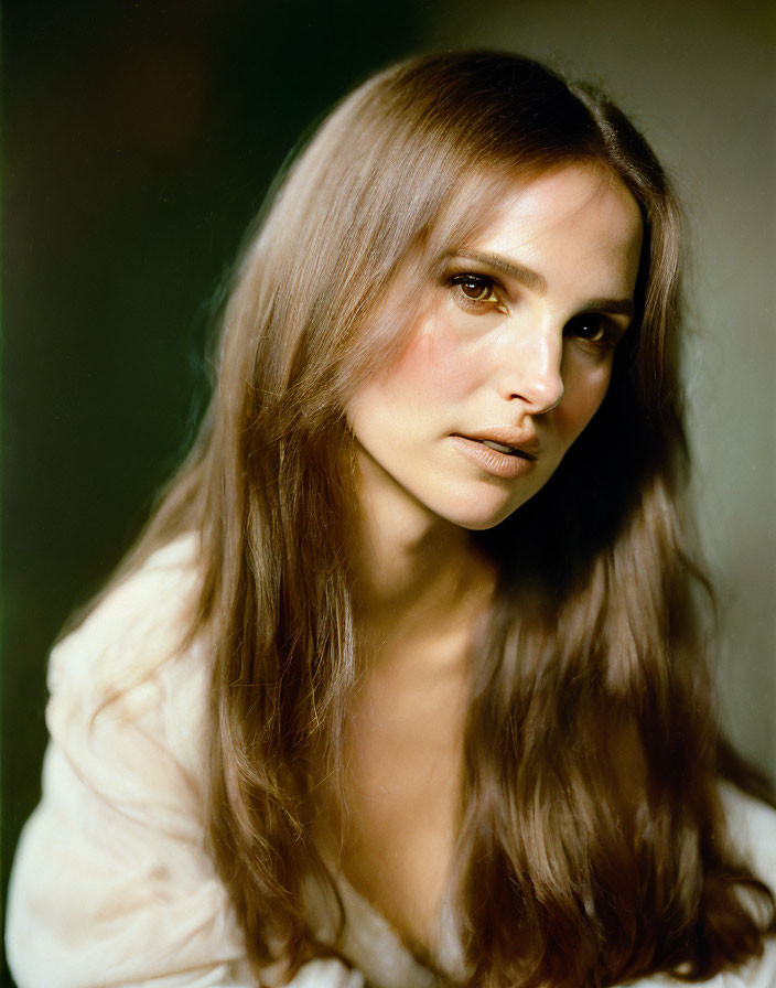 Portrait of Woman with Long Brunette Hair and Neutral Expression