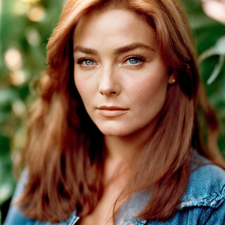 Portrait of woman with auburn hair in denim jacket