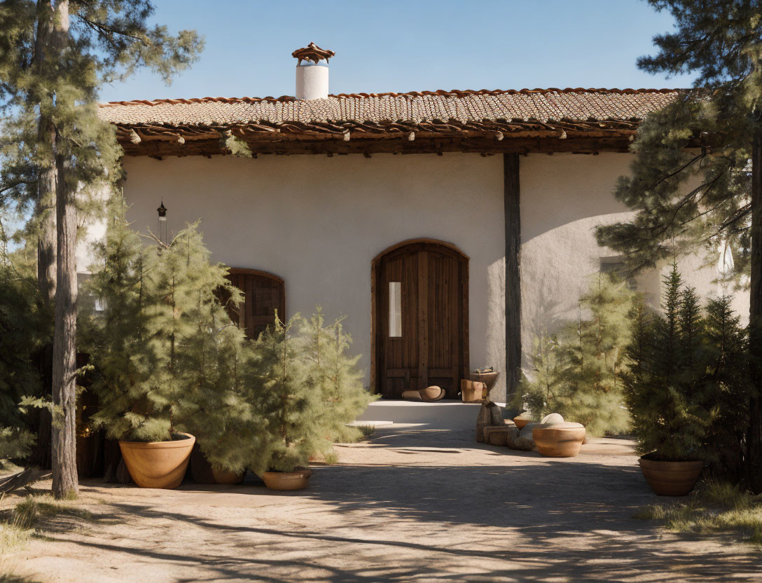 Stucco house with tiled roof, wooden doors, potted plants, trees, clear blue sky