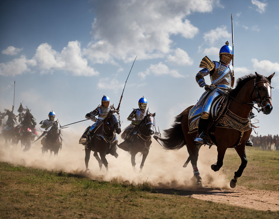 Medieval knights on horseback with lances riding in a field.