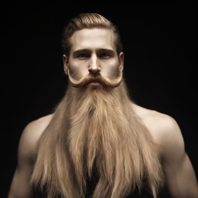 Styled handlebar mustache and full beard on man against black background