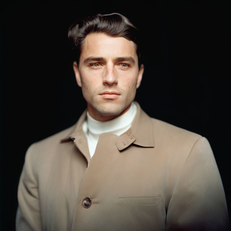 Man with Dark Hair in Beige Coat and Turtleneck Portrait