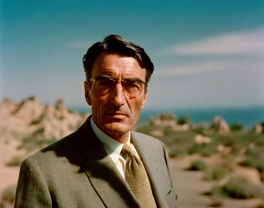 Man in suit with glasses standing in desert landscape