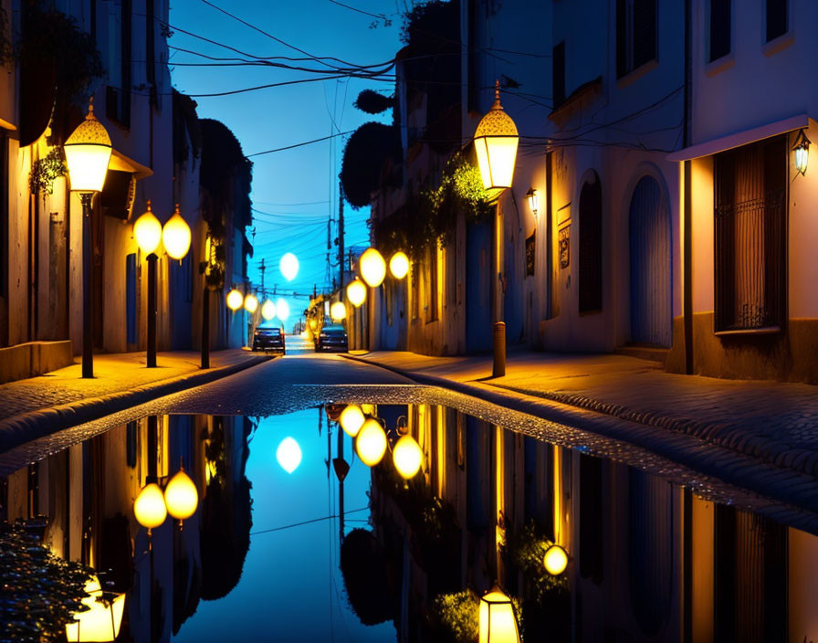 Tranquil Dusk Street Scene with Yellow Streetlights and Reflections