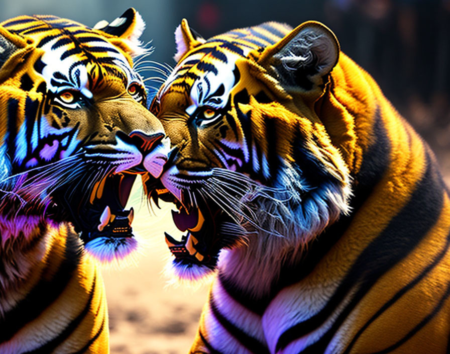 Two facing tigers: one growling with open mouth, sharp teeth, and the other attentive,