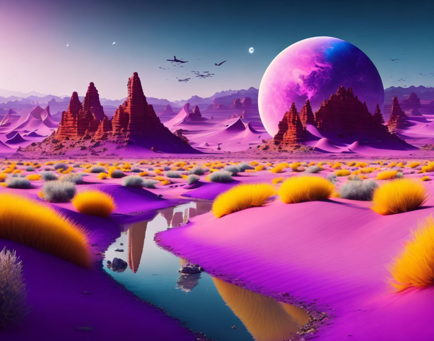 Surreal alien landscape with purple sands, orange rock formations, yellow flora, and reflective water bodies