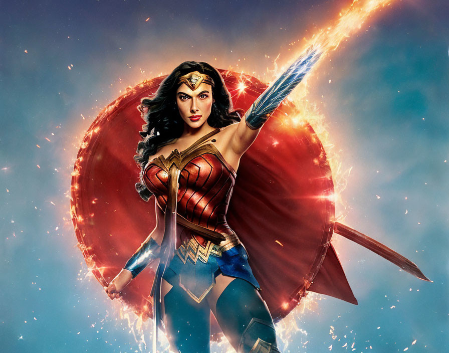 Female superhero in red and gold costume with shield and lasso against fiery blue backdrop