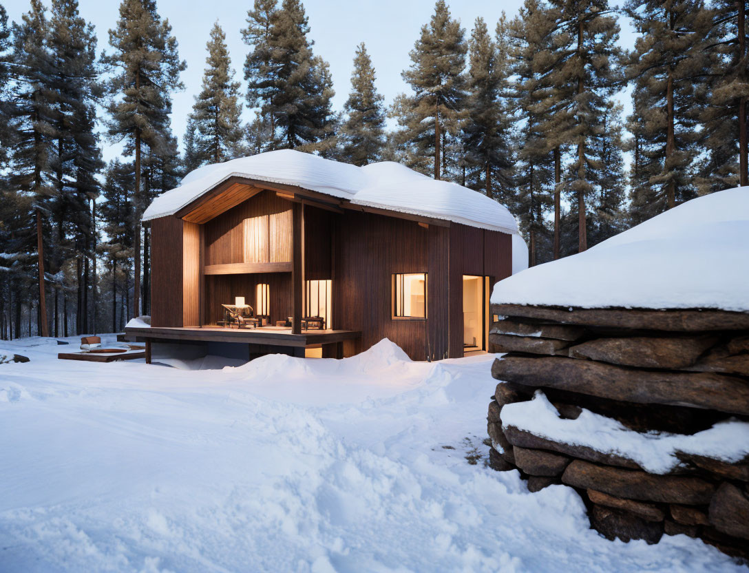 Snowy landscape with modern wooden cabin and tall pine trees at evening