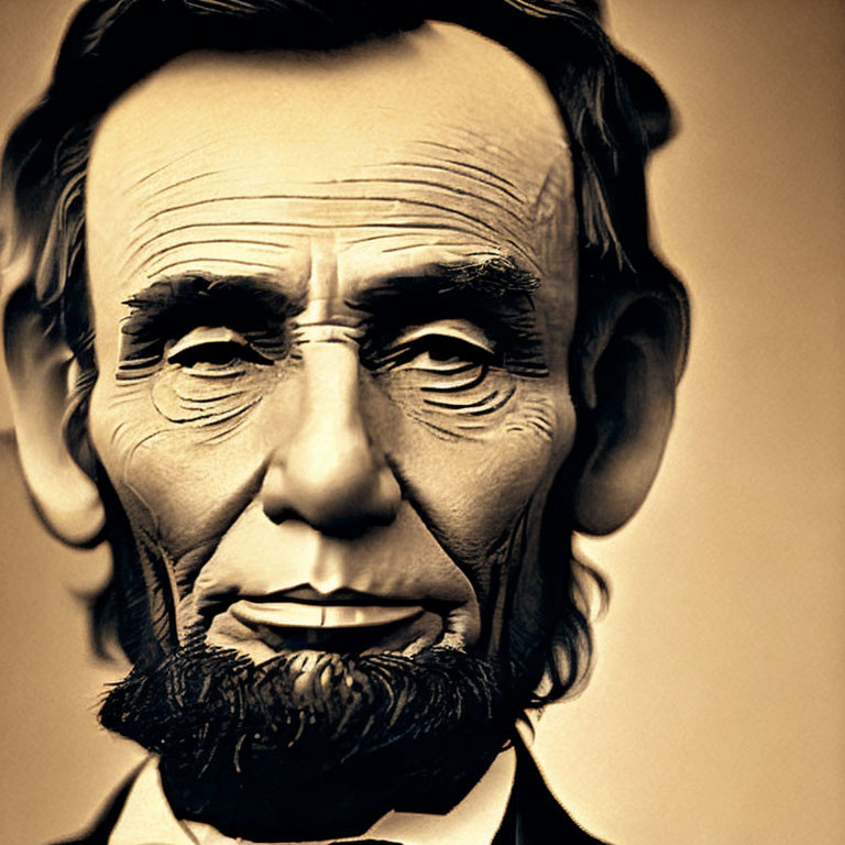 Portrait of Abraham Lincoln with prominent cheekbones and deep set eyes on sepia-toned background