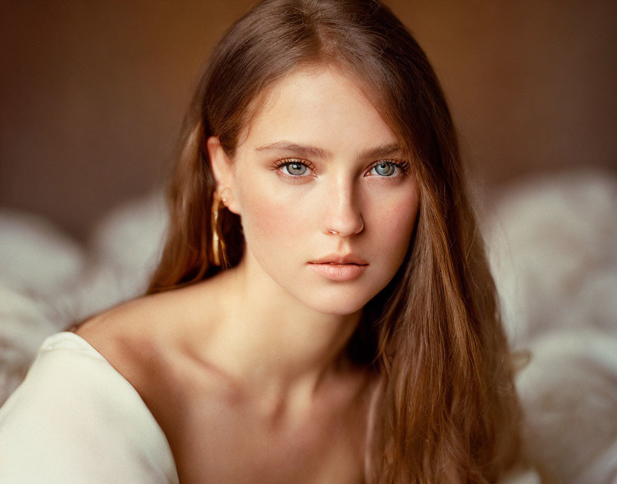 Young woman in white off-shoulder top with long hair and blue eyes in serene pose