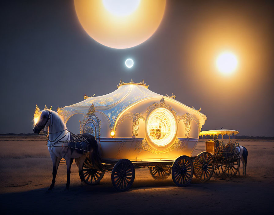 Ornate illuminated carriage with white horse under two moons