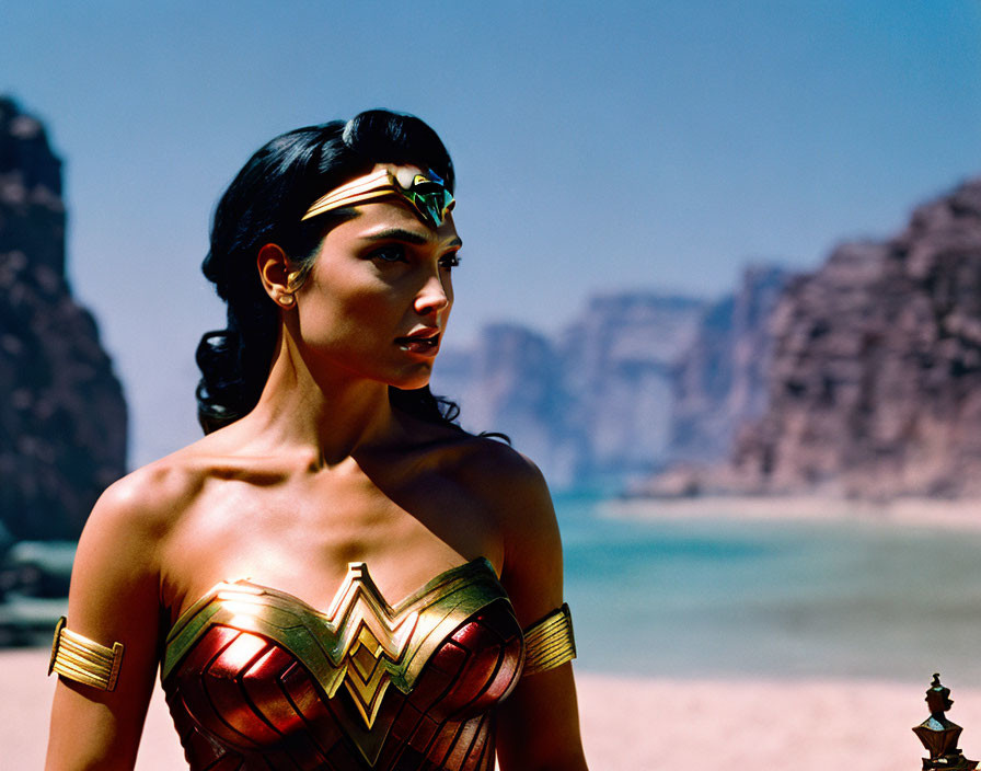 Woman in Wonder Woman costume with golden tiara in desert landscape