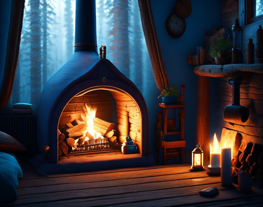 Room with lit fireplace, wooden floors, plants, candles, lantern, twilight forest view.