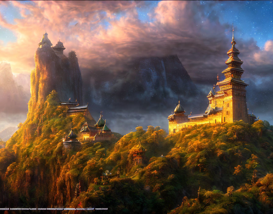 Majestic fantasy landscape: sunset, tall cliffs, palaces, lush greenery