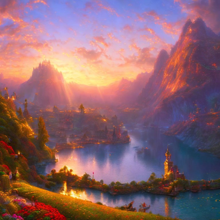 Majestic mountains, vibrant sunset, peaceful lake, quaint village in a fantasy landscape