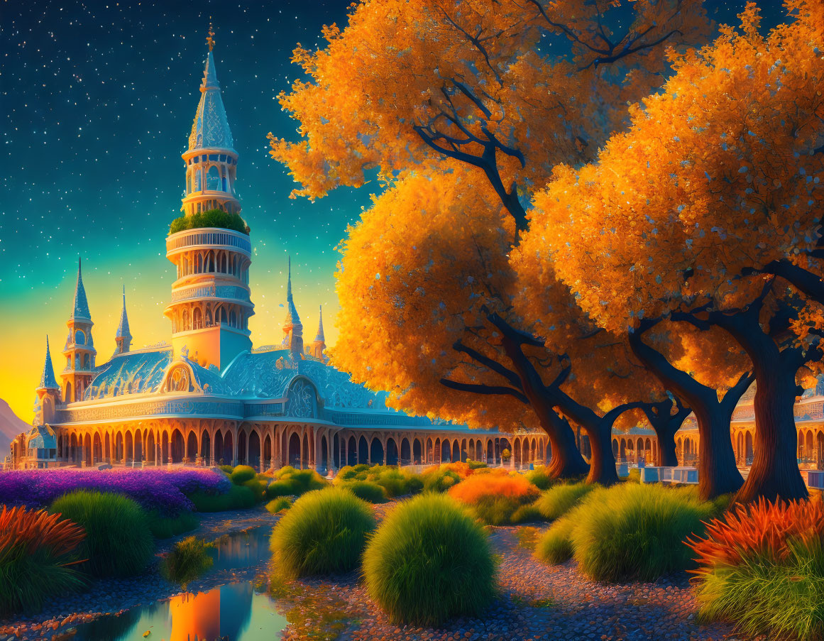 Twilight fantasy landscape with spiral castle, autumn trees, and starry sky