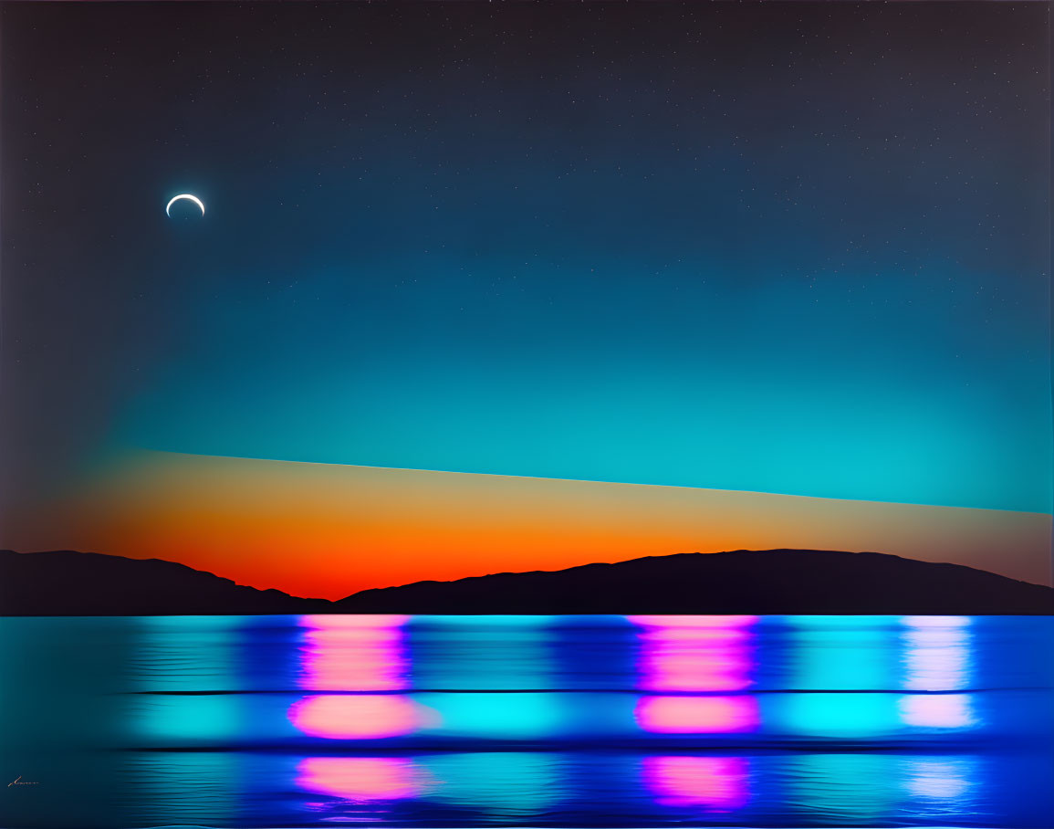 Tranquil twilight scene: crescent moon, silhouetted mountains, blue and magenta