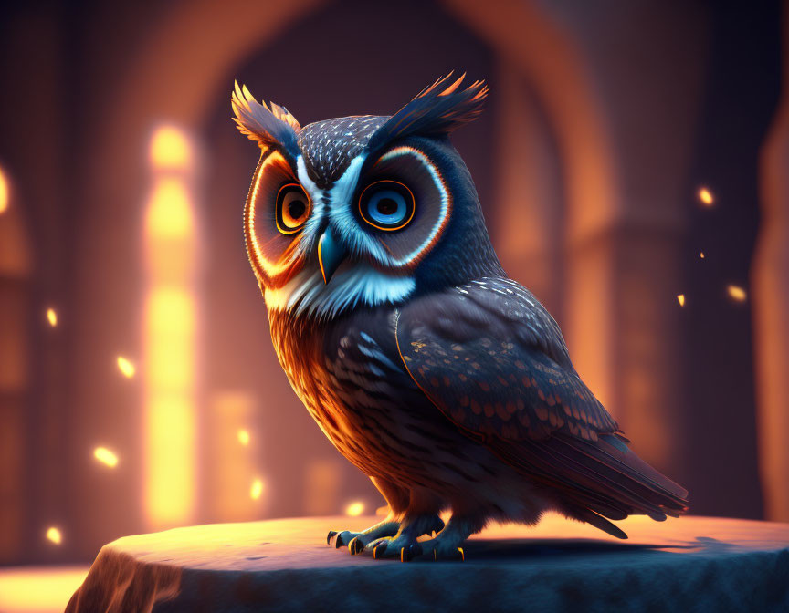 Animated owl perched on rock with glowing embers in dimly lit room