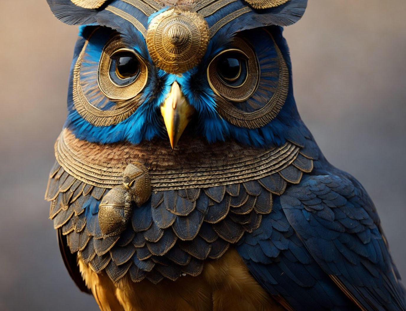 Intricately designed owl statue in vivid blue and gold colors