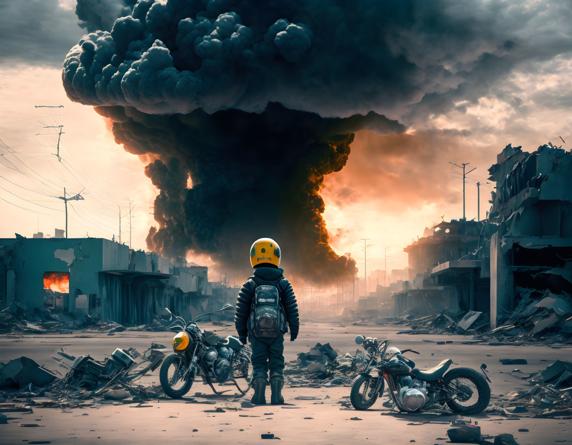 Person in Helmet Faces Explosion Cloud in Devastated Urban Scene