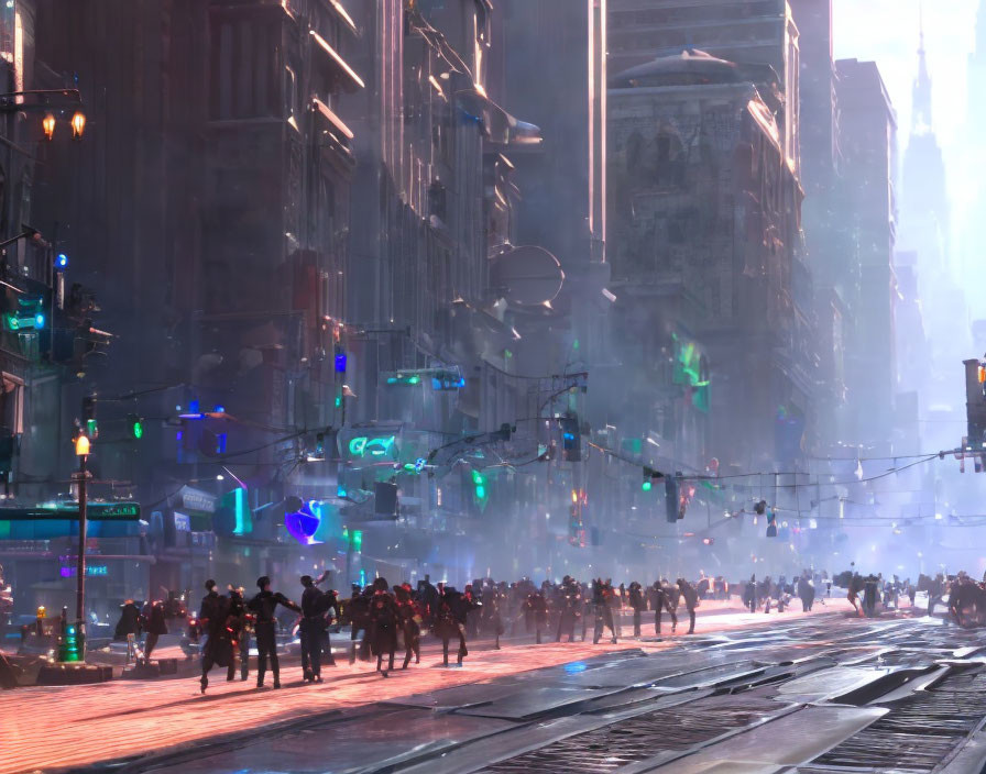 Futuristic city street with neon signs, flying vehicles, and pedestrians