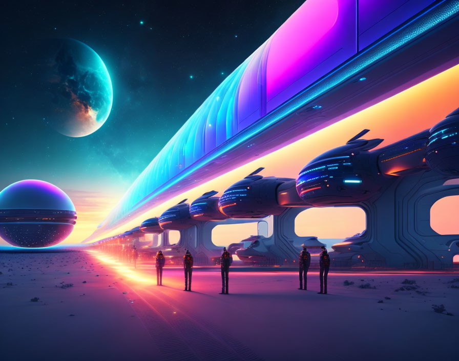 Alien planet train station with glowing train and sunset