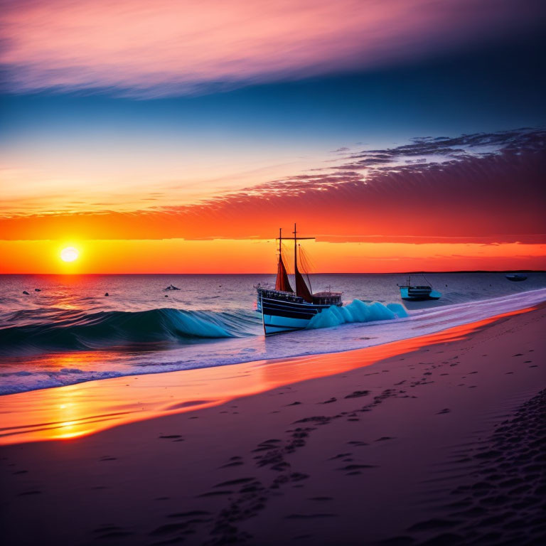 Vibrant beach sunset with boat, waves, and colorful sky