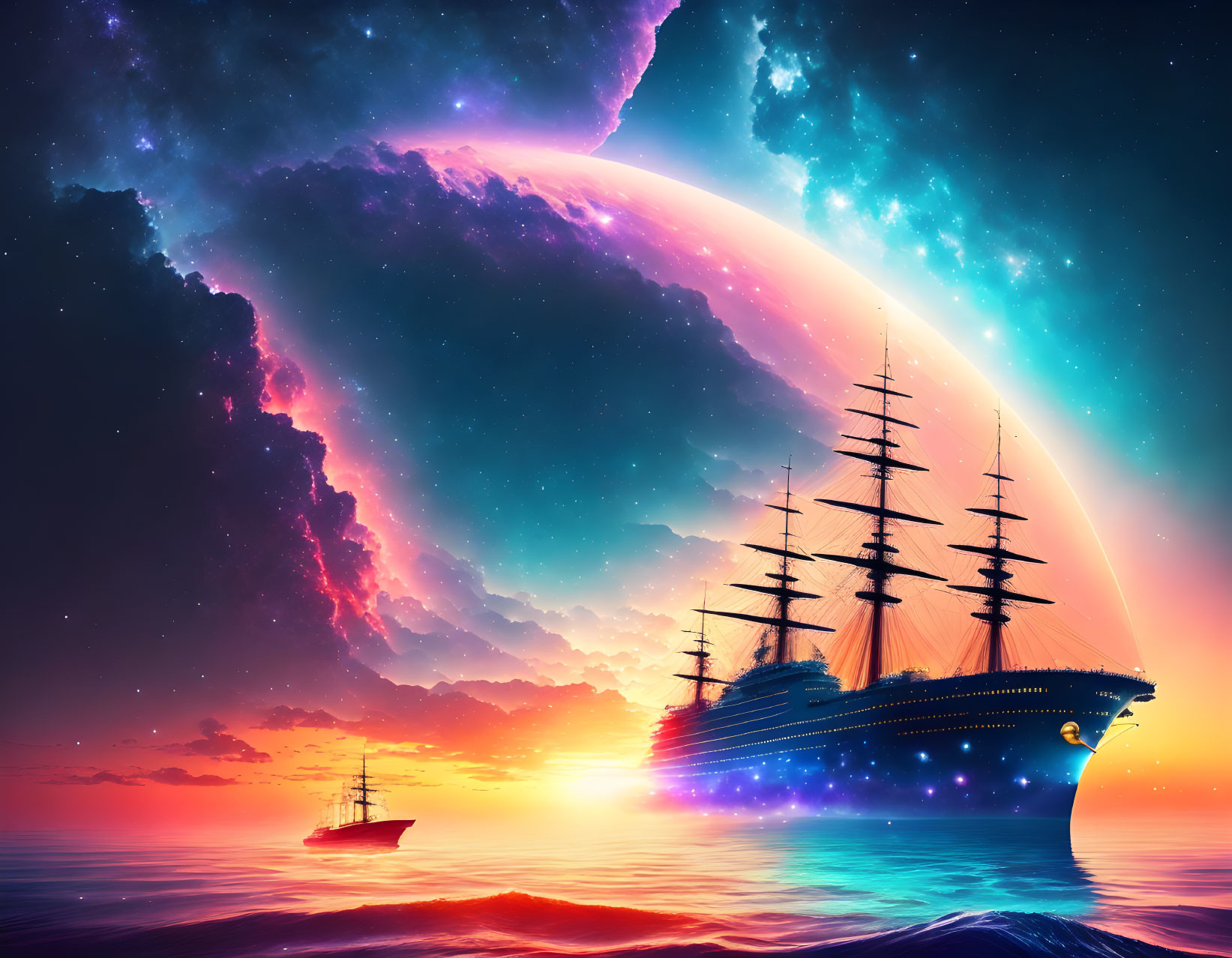 Colorful tall ship sailing in fantastical seascape under glowing sky