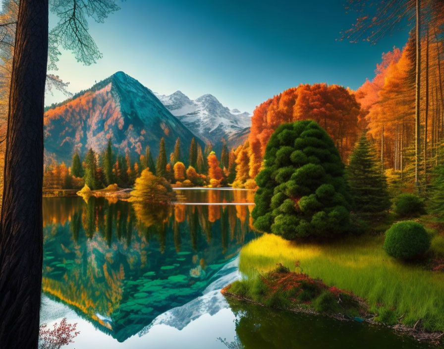 Tranquil Lake with Autumn Forests and Snowy Mountain Reflections