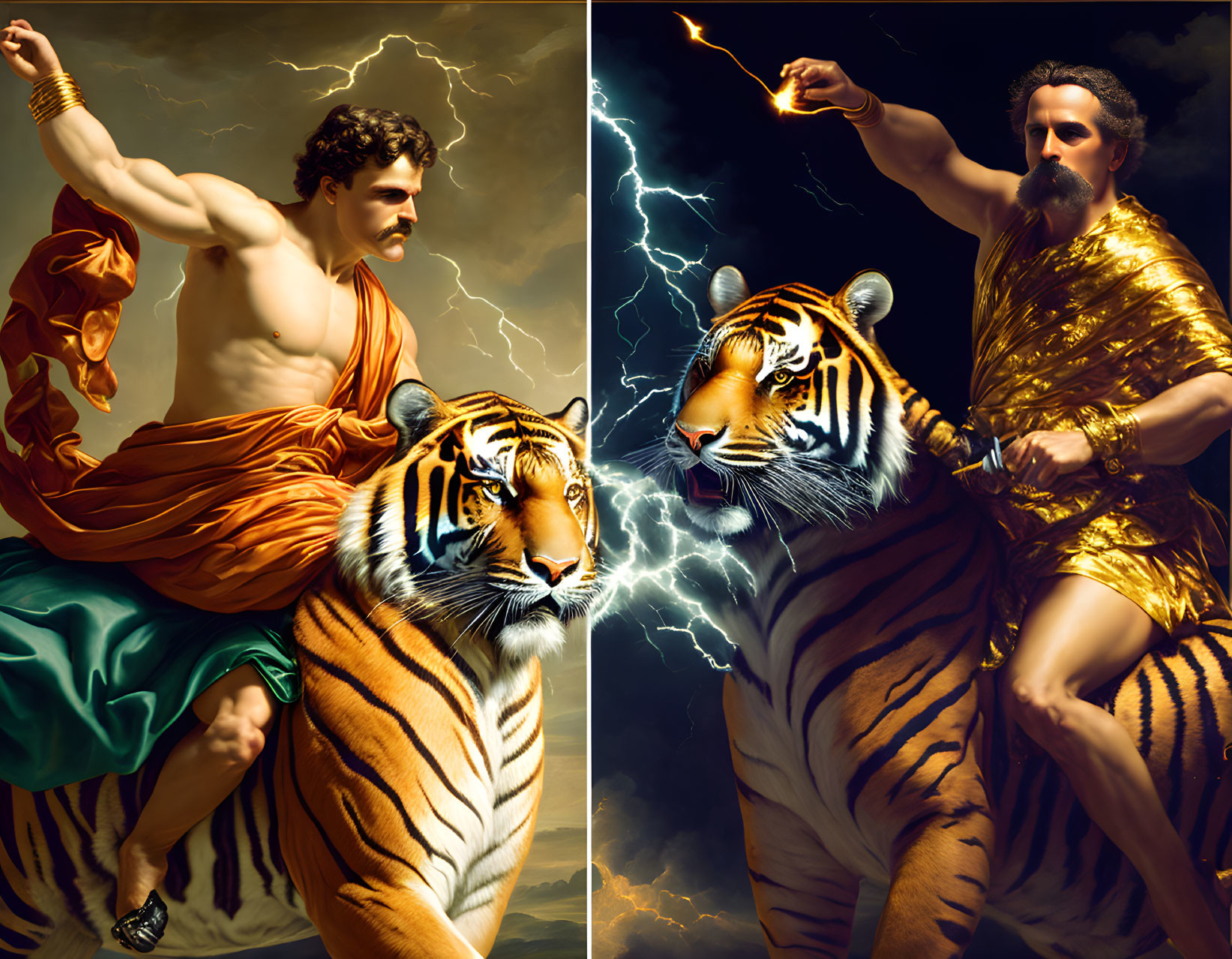 Muscular men on tigers in dynamic poses with lightning background