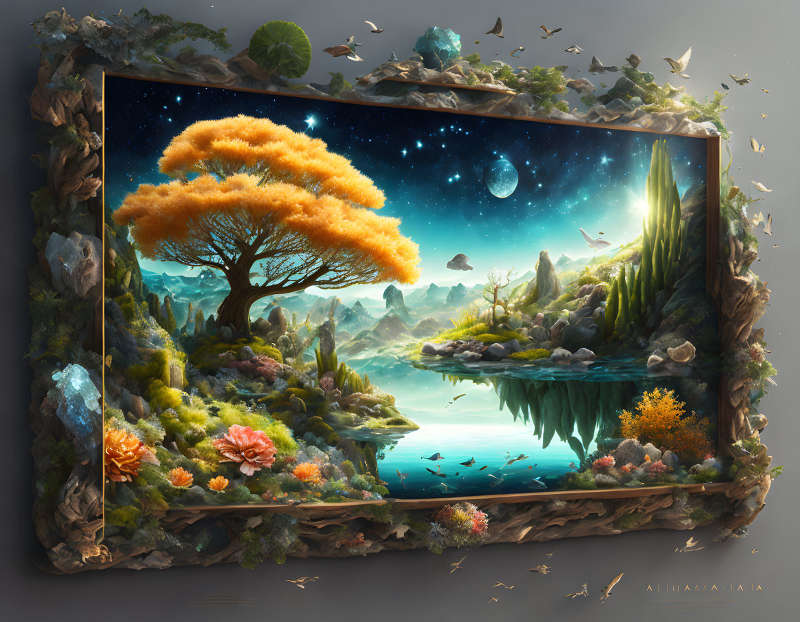 Surreal landscape digital artwork with luminous tree and celestial elements