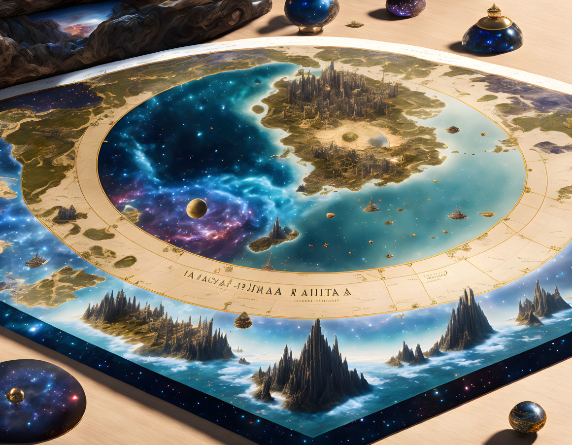 Fantastical map merging terrestrial and cosmic elements on wooden surface