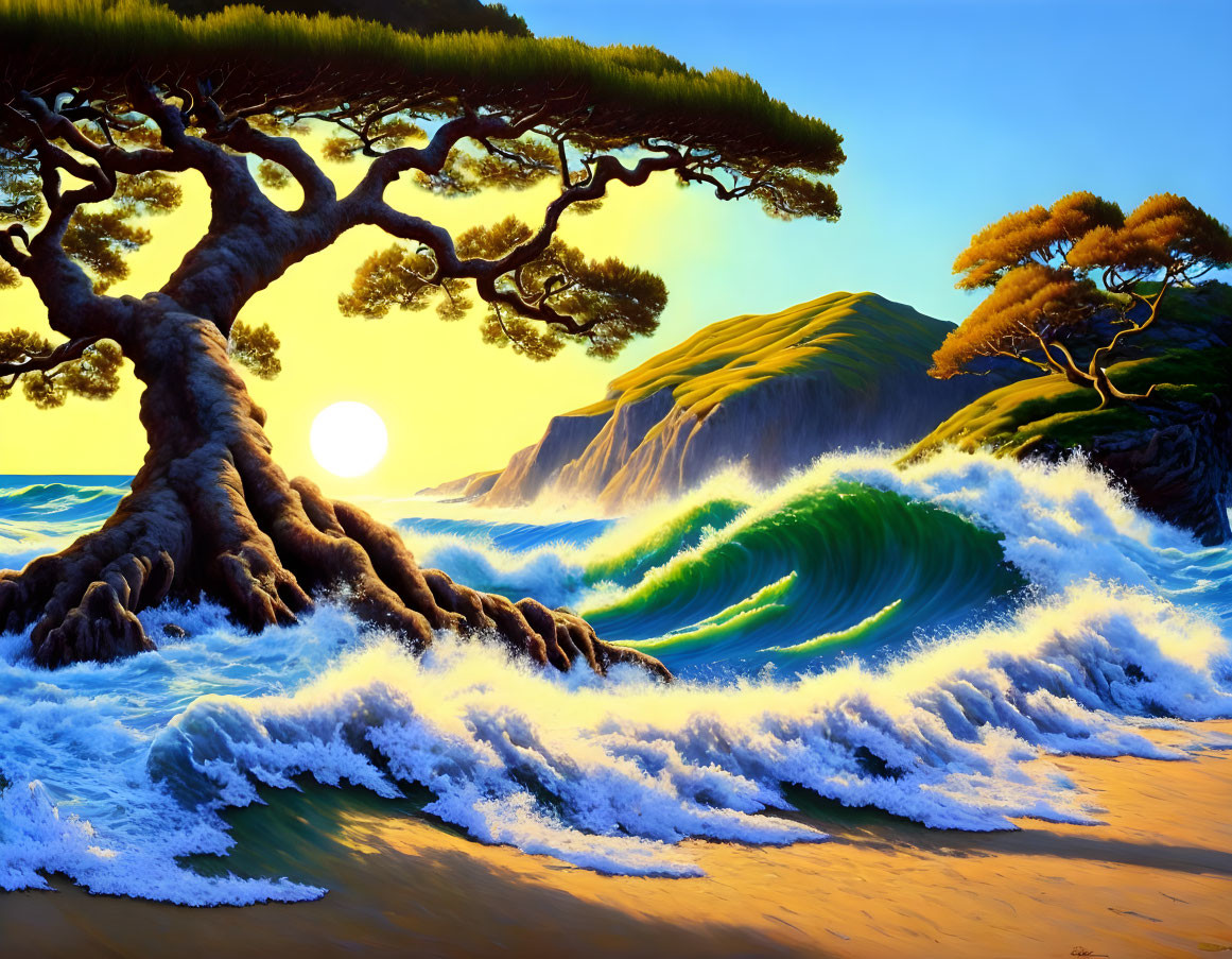 Scenic seaside landscape with twisting tree, crashing waves, and serene sunset