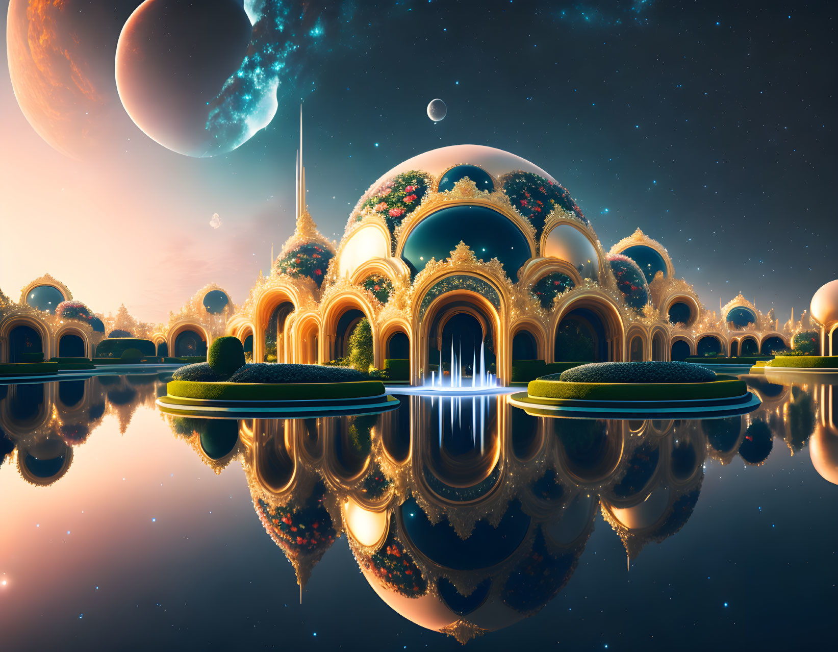 Ornate domed structures in a futuristic alien cityscape