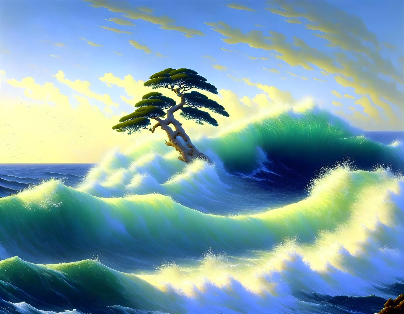 Bonsai tree on rocky peak amidst ocean waves at sunrise or sunset